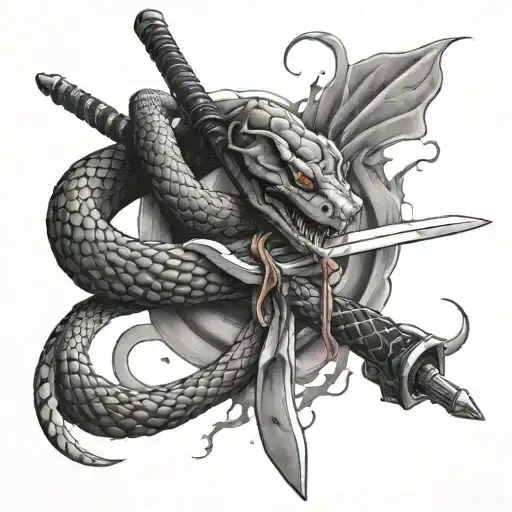 snake bleeding while wrapped tightly around a samurai sword  tattoo design idea