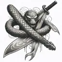 snake bleeding while wrapped tightly around a samurai sword  tattoo design idea