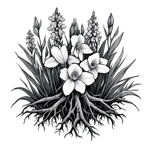 alder tree roots with iris, daffodil, delphinium flower emerging tattoo design idea
