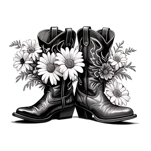 two cowboy boots side by side with a bouquet of daisys, lily of the valleys, and marigolds inside  tattoo design idea