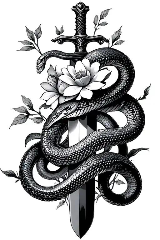 snakes wrapped around a sword with flowers growing tattoo design idea