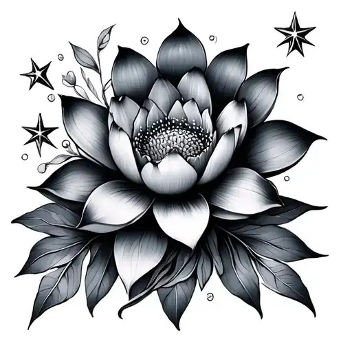 lei flower and lotus and stars and ocean tattoo design idea