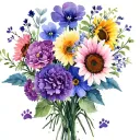 bouquet of flowers including carnations, violets, asters, chrysanthemums and sunflowers with dog prints  tattoo design idea