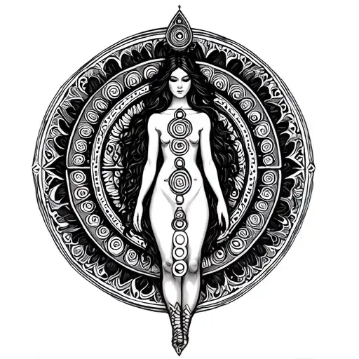 create a fine line tattoo of a woman body standing up with her arms by her sides and spirals in her body and chakras  tattoo design idea