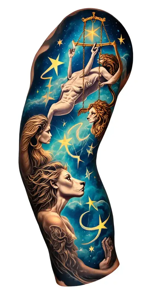Full arm tattoo featuring zodiac signs libra, Leo,  Taurus, Aquarius and Scorpio with stars and constilations  tattoo design idea