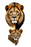 Half of the Lion head separate by a boiled with 2 lion cubs of the other side tattoo design idea