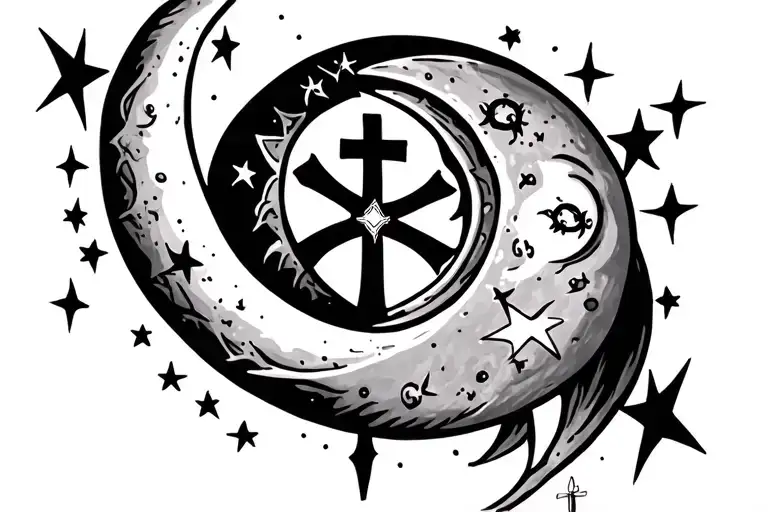 triple moon surrounded with stars with a cross in middle moon tattoo design idea