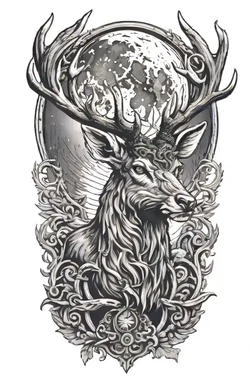 Powerful stag head with large antlers and rings on antler base, moon tattoo design idea