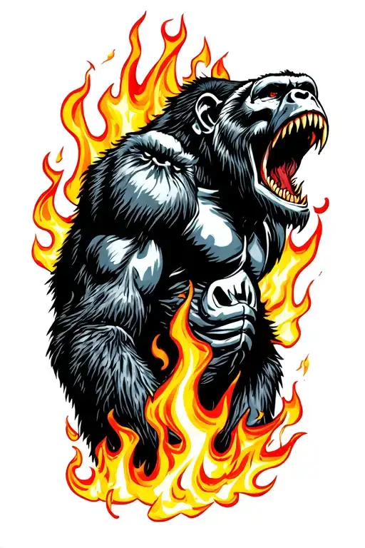 head and shoulder view of a howling gorilla grim reaper, flames rising from behind tattoo design idea