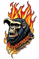 head and shoulder view of a howling gorilla grim reaper, flames rising from behind tattoo design idea