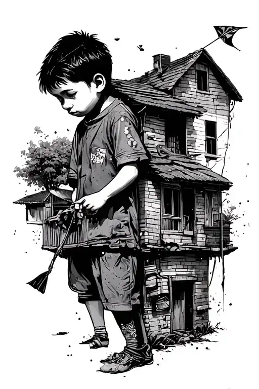 slum with boy releasing kite tattoo design idea