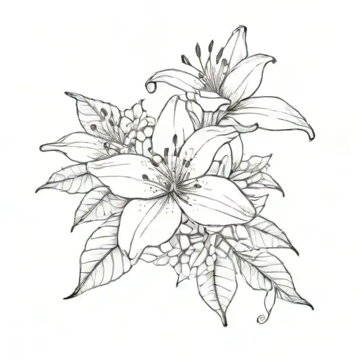 one lily surrounded by hydrangeos, jasmines, and eucalyptus tattoo design idea