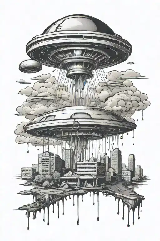 ufo pulling heroin needle dripping from a city  tattoo design idea