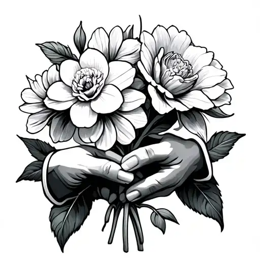 hands pinky promise intertwined holding a daffodil flower and a carnation flower tattoo design idea