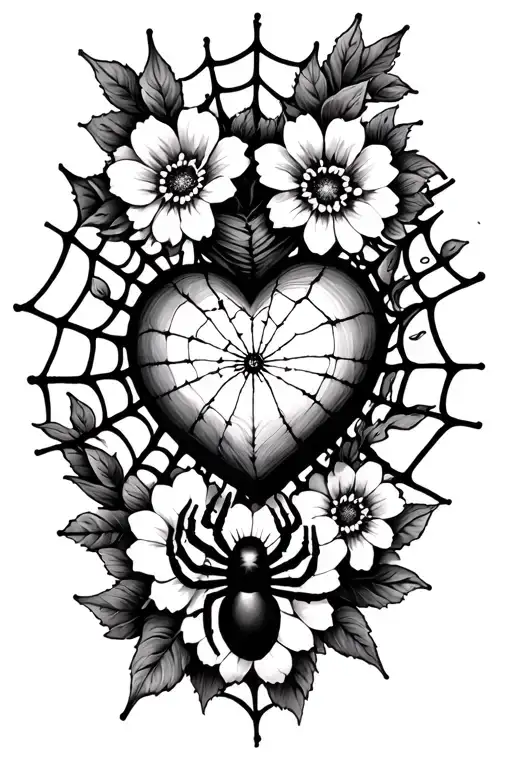 spider web with heart and spider with flowers tattoo design idea