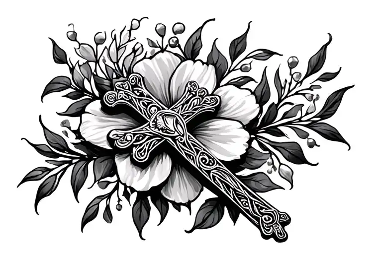 floral cross necklace tattoo design idea