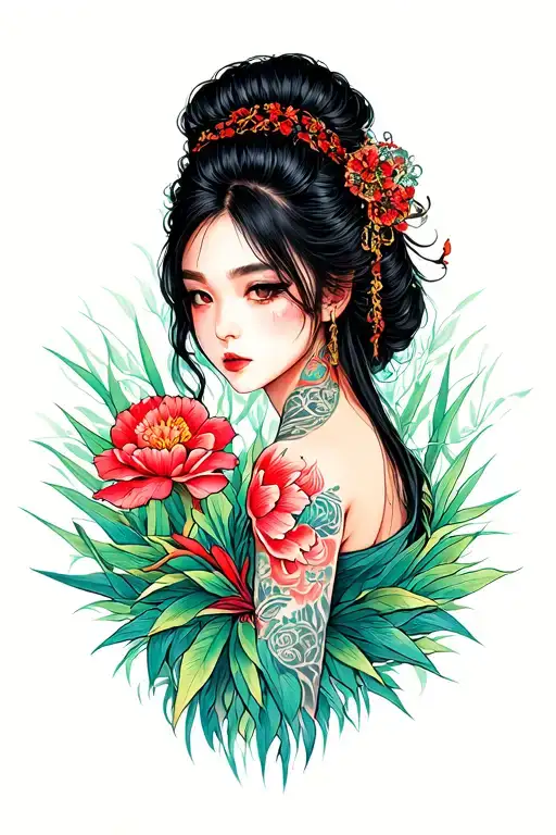 Japanese female tattoos in neo-grass style, tattoo design, drawing on paper tattoo design idea