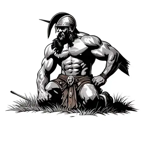 swole Sicilian warrior with a medieval helmet on known to be from Sicily,kneeling on a grassy field on one knee tattoo design idea