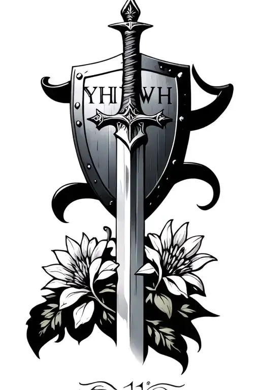 sword and shield biblical with thin flowers sprouting below and letters "YHWH"above the image tattoo design idea