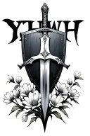 sword and shield biblical with thin flowers sprouting below and letters "YHWH"above the image tattoo design idea