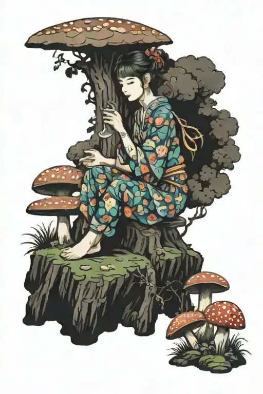 fairy sitting on a mushroom forest tattoo design idea