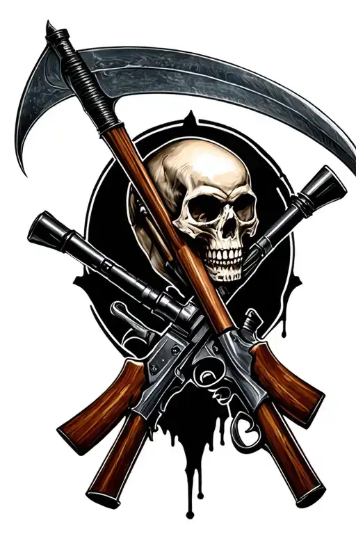 crossed sniper rifles, skull with scythe through it  tattoo design idea