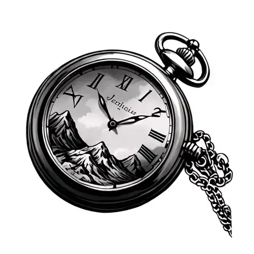 "Jessica .. 03 mzo 2024" 3 open pocket watch sustained by full mountains tattoo design idea