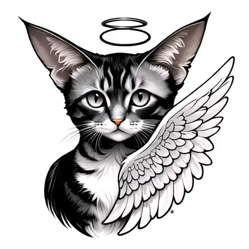 cat ears with angel wings and halo tattoo design idea