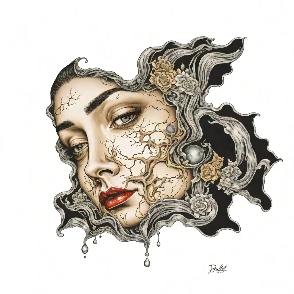 Picture of surrealistic water flowing from eyes and nature by salvador dali, highly detailed, intricate, cinematic, dreamy, surrealism tattoo hellraiser cenobite horror tattoo design idea