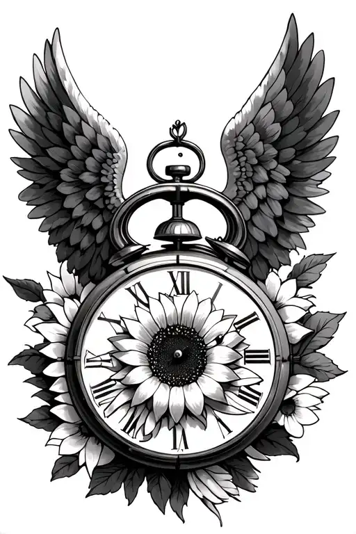 clock with angel wing and a sunflower tattoo design idea