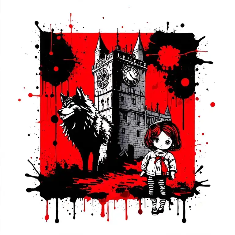 In the center, a children's doll, from the right below the wolf, against the background of the tower with the clock tattoo design idea