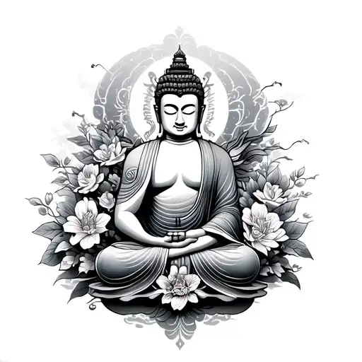 buddha, dragon, pagodas, japanese flowers and buddhist quotes and shading tattoo design idea