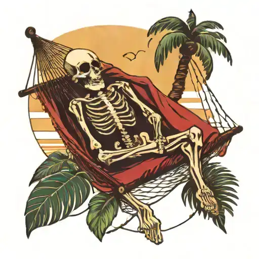 Traditional style tattoo of a skeleton lying in a hammock on the beach facing the sunset wearing a tropical Hawaiian shirt tattoo design idea