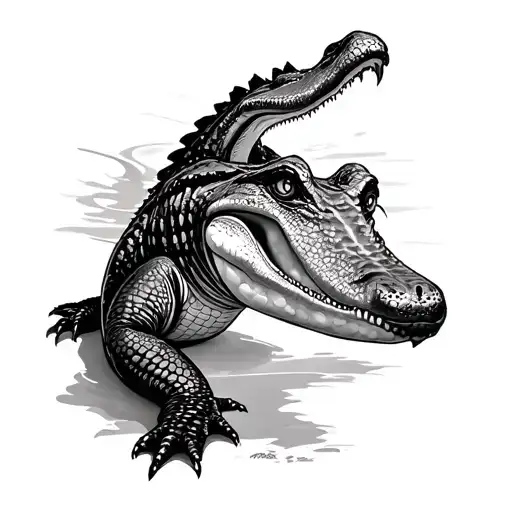 black and grey fine line tattoo with delicate stipple shading of a crocodile  tattoo design idea