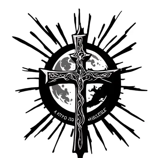 3D cross tattoo with full moon and background and bible verse 41:10 written underneath cross black and white tattoo design idea
