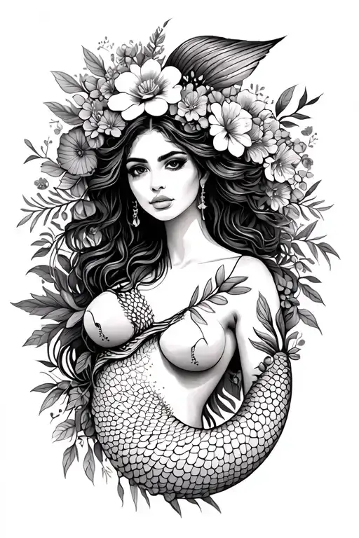 African mermaid and pisces sign mixed bouquet tattoo design idea
