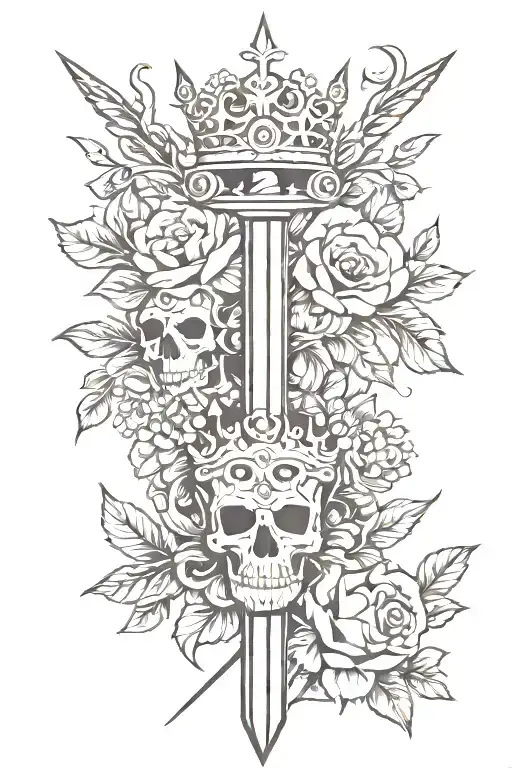 sword and crown with flowers tattoo design idea