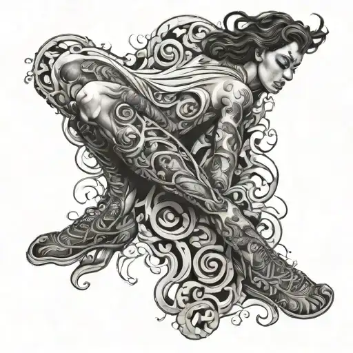 “A dynamic, mythological scene that wraps around the leg, starting at the thigh and cascading down to the ankle." tattoo design idea