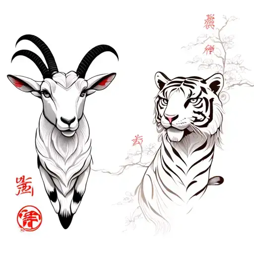 Chinese themed sleeve with goat and tiger  tattoo design idea