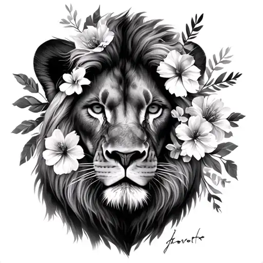 lion face with flowers covering half the face in black and gray tattoo design idea
