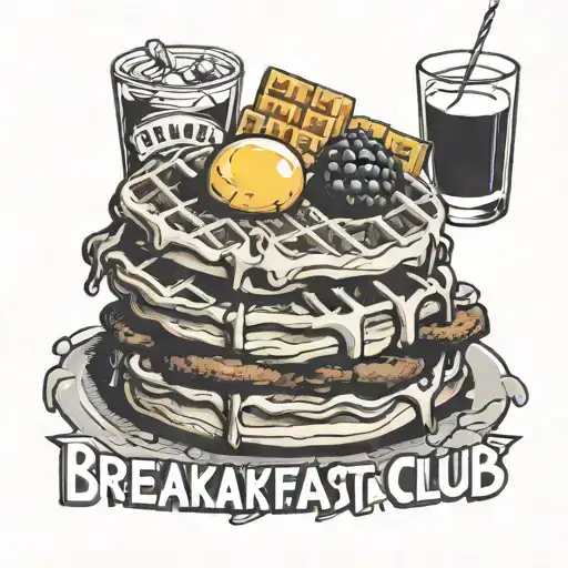 The words The Breakfast Club with waffles, sausage, and eggs behind the words and in black and white tattoo design idea