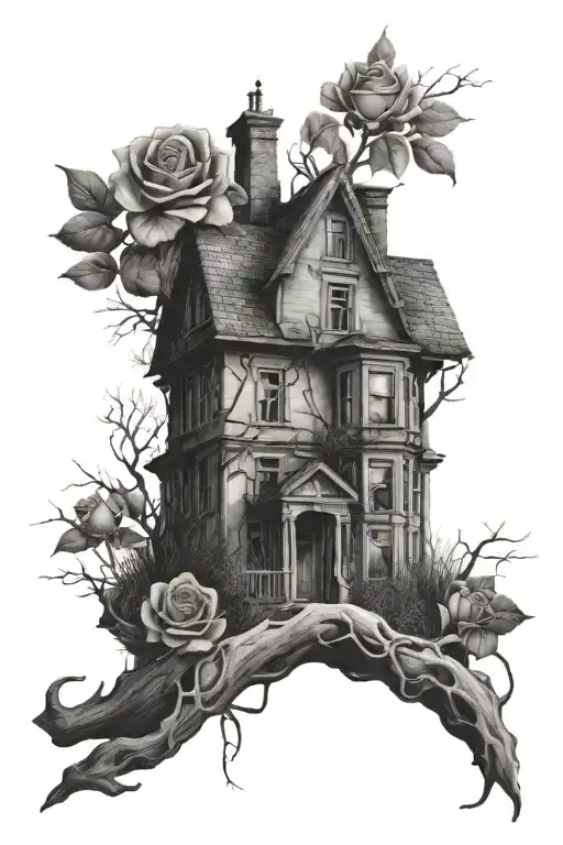 Abandoned Stalin-era house, roses, tree roots tattoo design idea