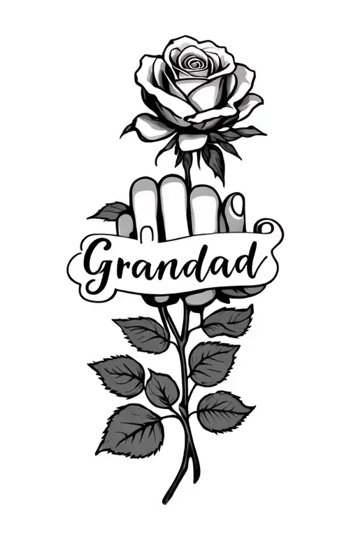 "Grandad" "Nana" "Nana" rose with a name through it on the middle finger tattoo tattoo design idea