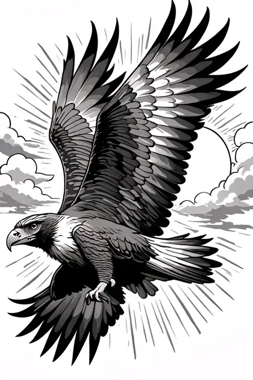 hawk flying with Sun rays and clouds around  tattoo design idea