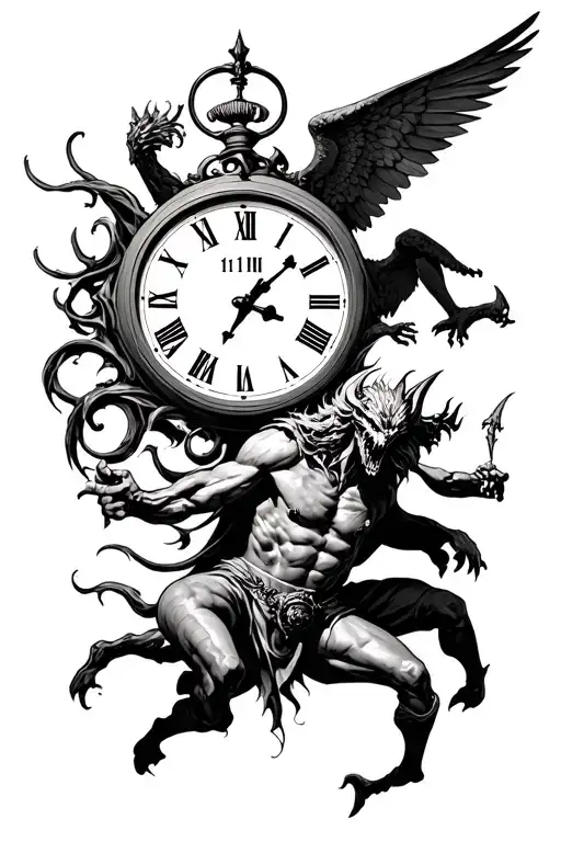 "11:11 inside clock" Demons And Angels Fighting wars within tattoo design idea