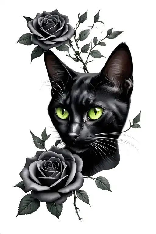 black cat face with green eyes with roses growing tattoo design idea