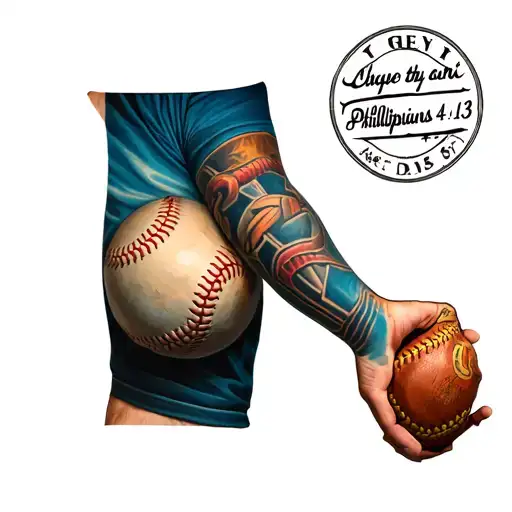 Forearm sleeve incorporating baseball, Christianity, and Philippians 4:13 tattoo design idea