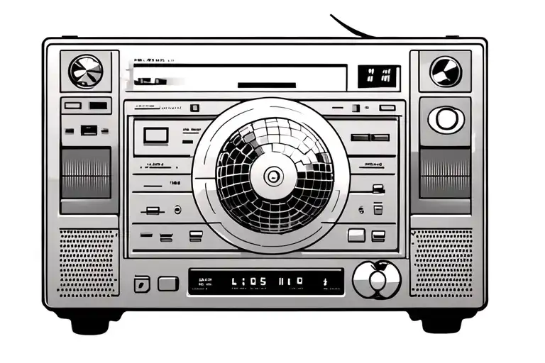 cd player with disco ball incorporated within, thin lines, house music inspired  tattoo design idea