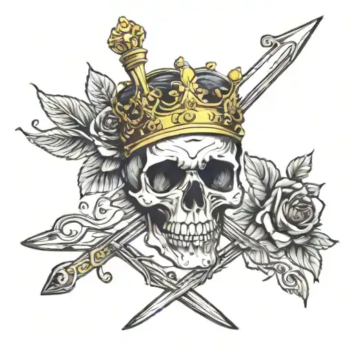 The skull of a king with a sword in his head and a rose in his lips tattoo design idea