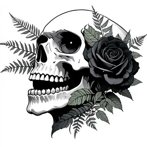 a skull with its jaw open with ferns and black roses protruding from the eye holes and mouth tattoo design idea